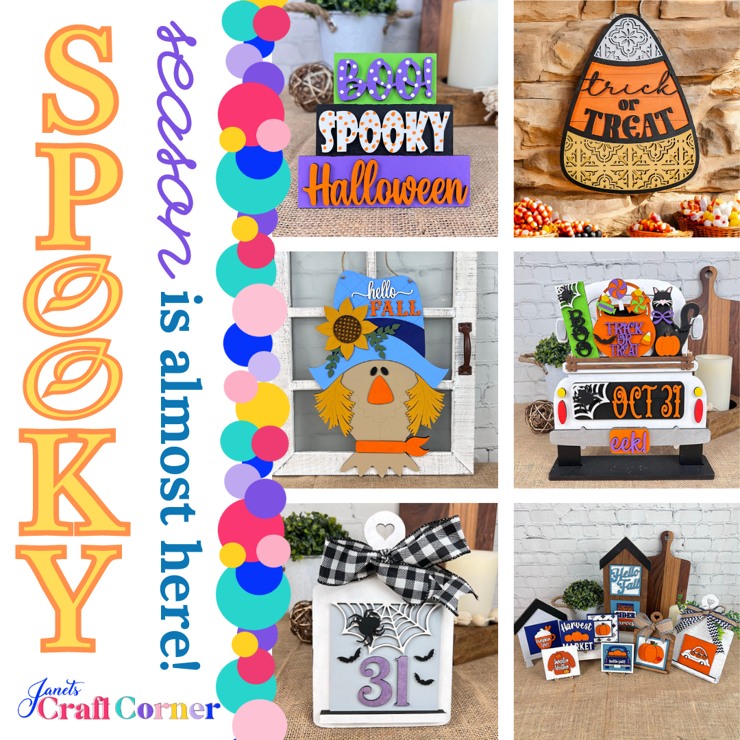Janet's Craft Corner presents the Oct 31 Interchangeable Insert DIY kit featuring signs with "Boo!", "Spooky," and "Trick or Treat", a scarecrow, and houses with ghostly graphics. The vertical phrase "Spooky season is almost here!" adds to the eerie atmosphere. Includes 1 set of 3 pieces.