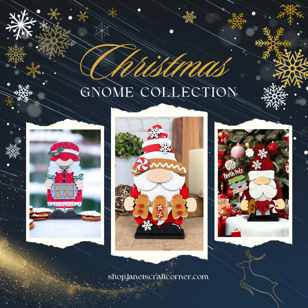 Displayed against a dark, snowflake and gold star backdrop, the Santa Gnome Shelf Sitter DIY decoration from Janet's Craft Corner showcases hand-painted gnomes with holiday-themed items. The text reads, "Christmas Gnome Collection" and "shop.janetscraftcorner.com".