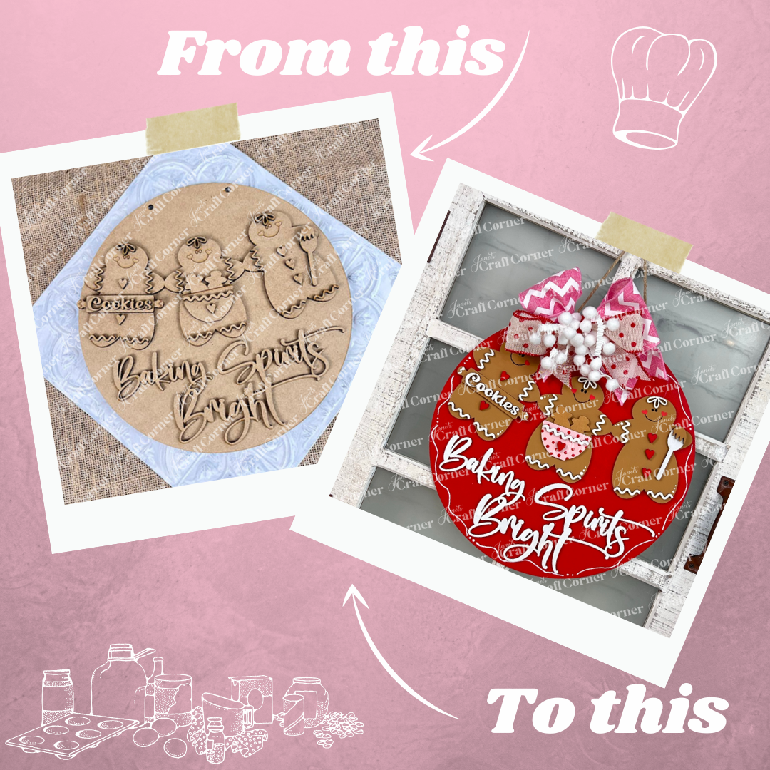 Side-by-side: a plain "Baking Spirits Bright" wooden wall hanger from Janet's Craft Corner DIY kit (left) and a decorated, candy-adorned version (right), set on a pink background with festive baking doodles.