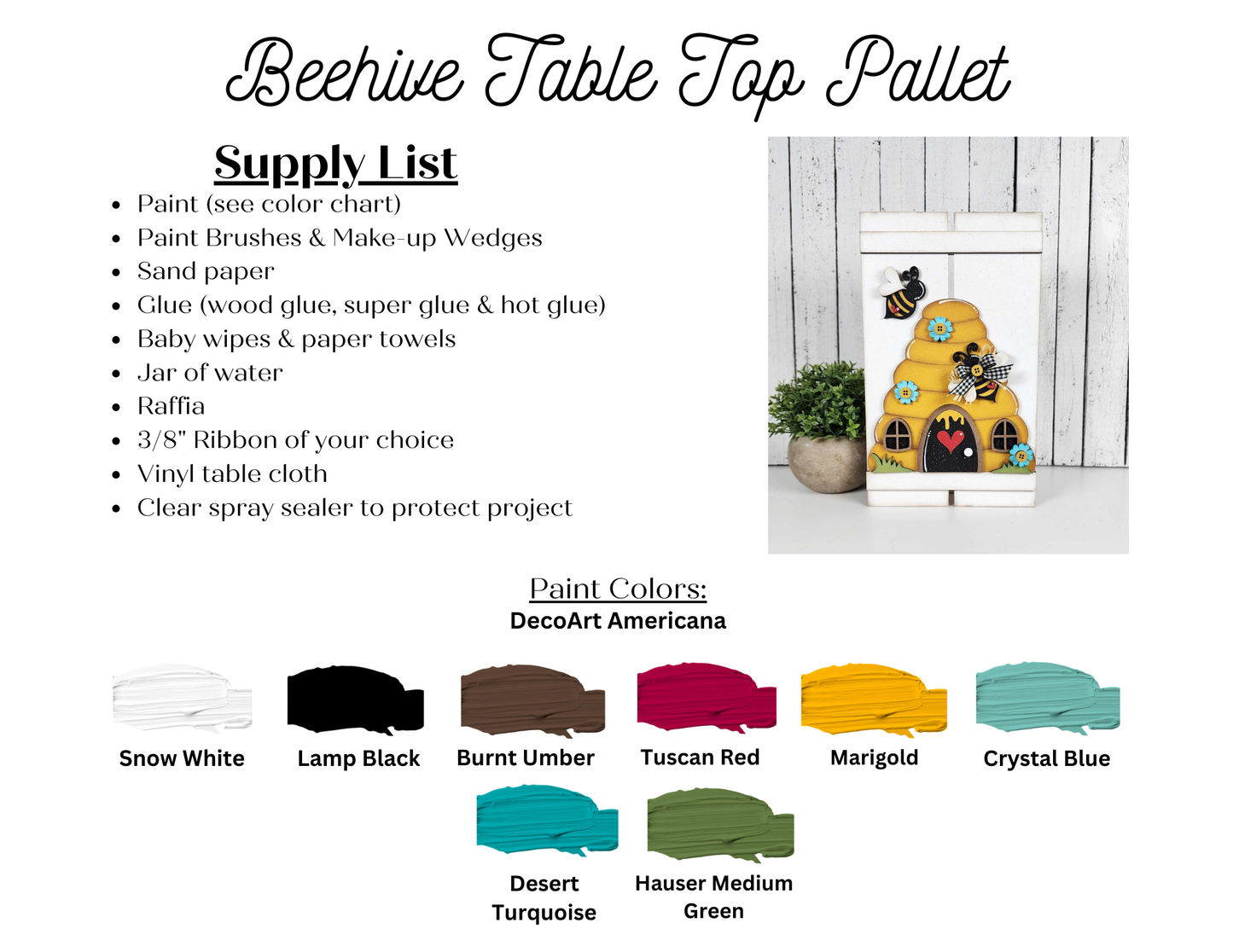 Janet's Craft Corner offers the Beehive Pallet Sign Shelf Leaner DIY kit, featuring a supply list for crafting and decorating with Marigold and Desert Turquoise paints. The final product is a charming beehive pallet sign perfect for home decor.