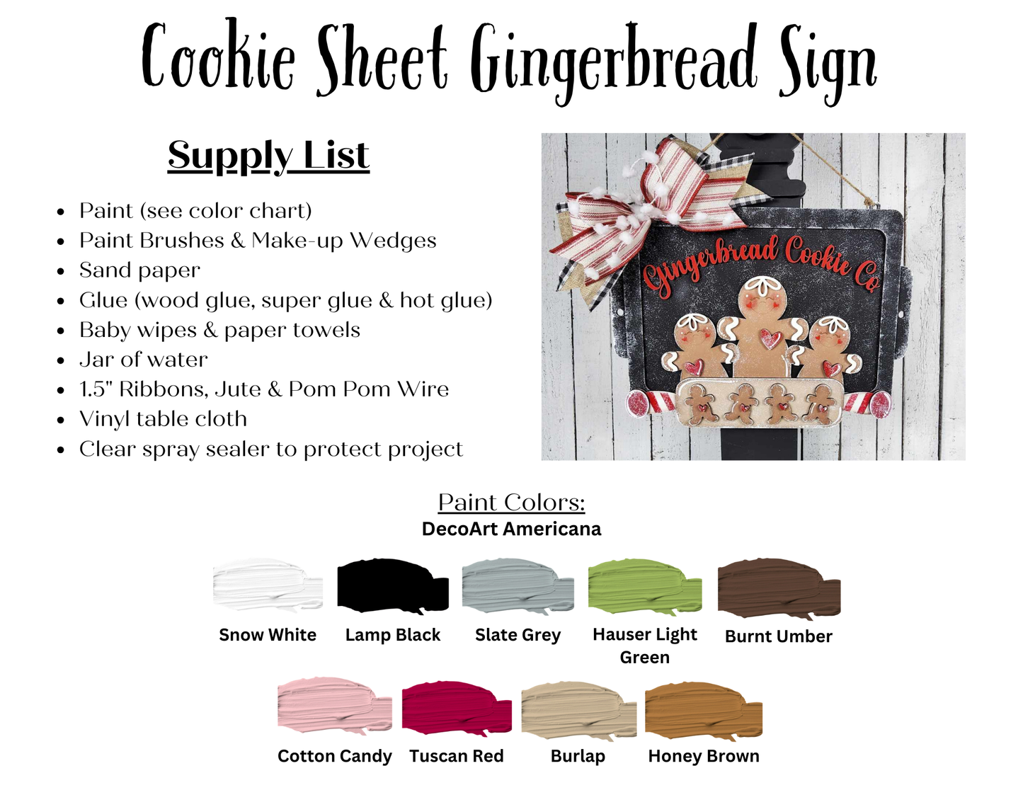 A craft supply list for Janet's Craft Corner's Gingerbread Cookie Sheet Sign DIY kit appears beside an image of the finished holiday wall decor with three gingerbread people, candies, Christmas bows, and paint color swatches at the bottom.
