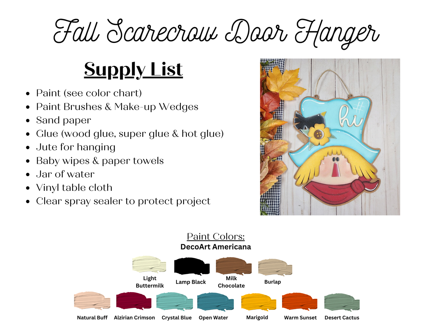 The Fall Scarecrow Door Hanger DIY kit by Janet's Craft Corner includes all materials, autumn color swatches, and a painted scarecrow face with hat, bow, and “hi”—perfect for seasonal home decor. Set of 1.