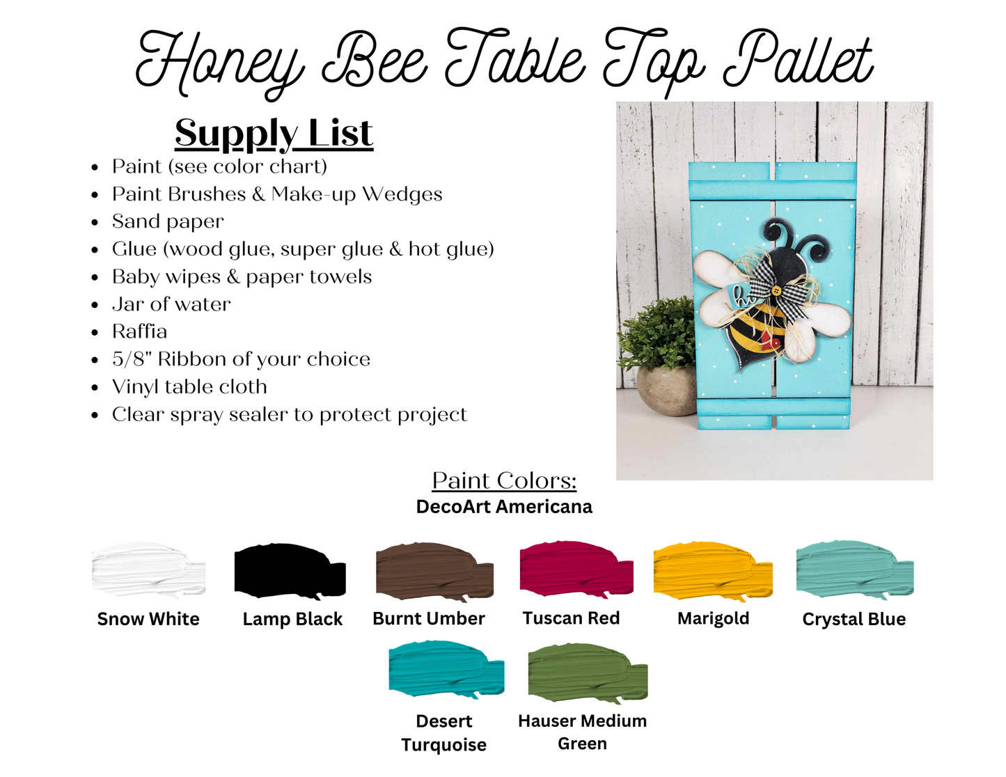 The image features Janet's Craft Corner's "Bee Pallet Sign Shelf Leaner" DIY kit, perfect for home decor. This whimsical sign includes paint, brushes, sandpaper, glue, raffia, ribbon, vinyl cloth, and spray sealer. Vibrant paint colors ensure an appealing finish.