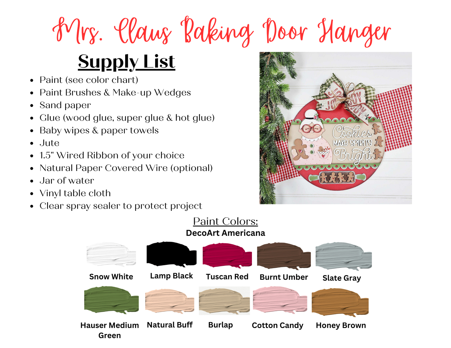 A supply list with paint color options is shown beside a photo of Janet's Craft Corner's Cookies Make Spirits Bright Wall Hanger, featuring gingerbread people, candy canes, a bow, and the message "Sweet Christmas Wishes & Baking Spirits Bright.