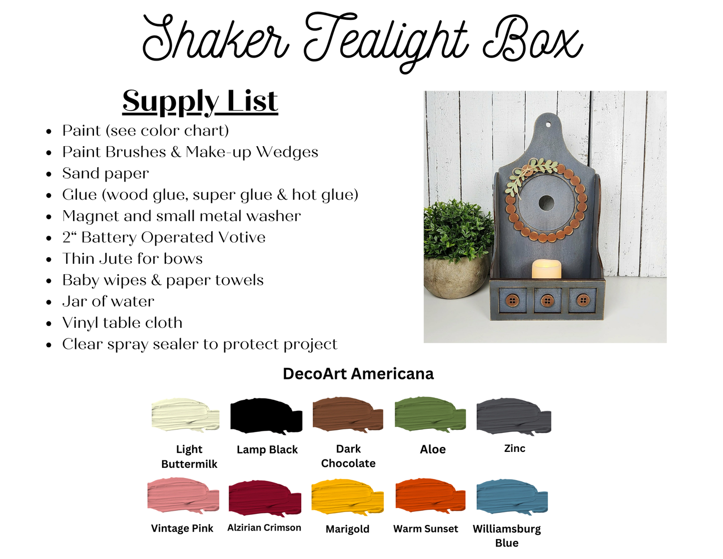 Supply list and color chart for Janet's Craft Corner's Shaker Tea Light Box Interchangeable Set—DIY farmhouse decor kit includes a painted tealight box with drawers, wood beads, mini plant, paint swatches, and a checklist.