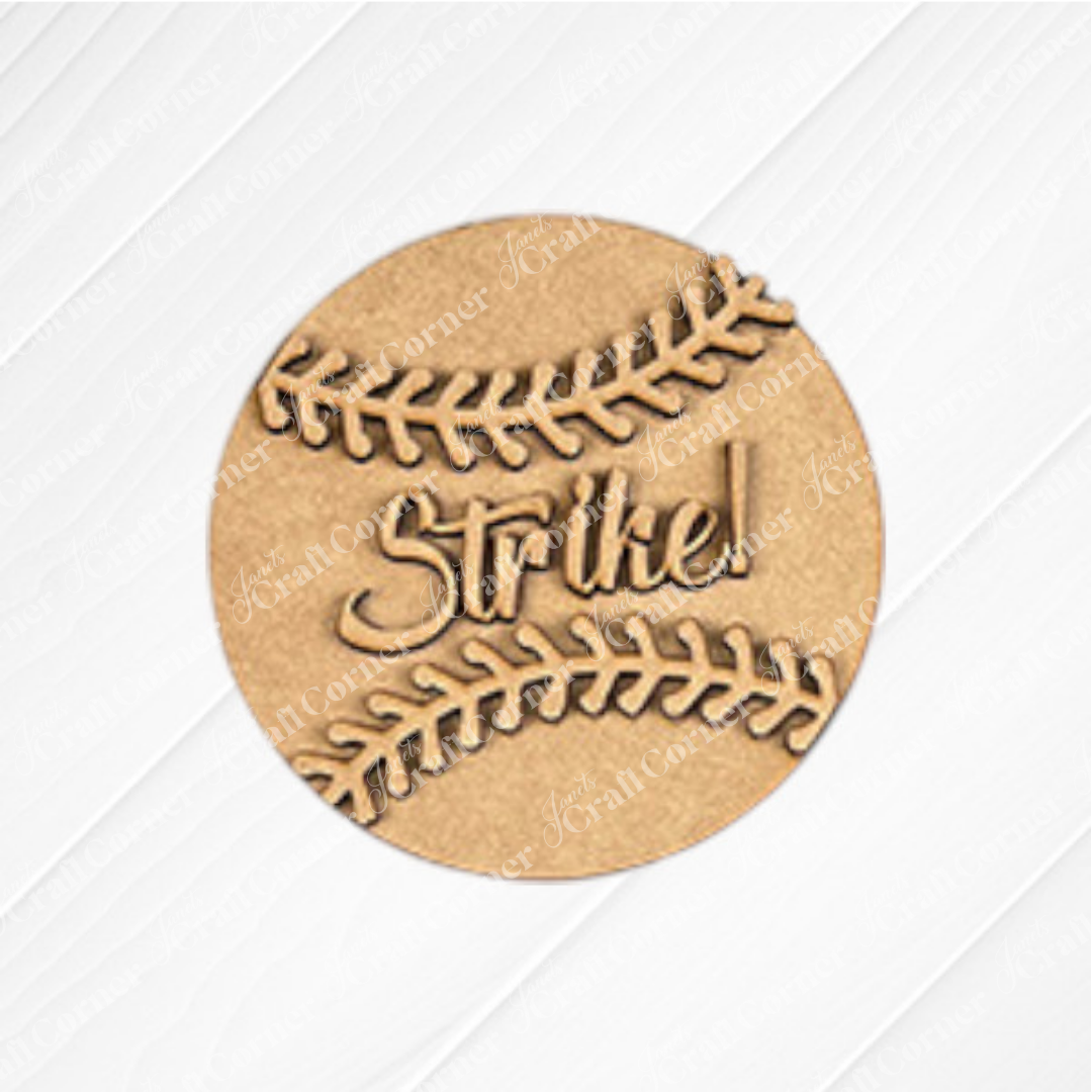 Janet's Craft Corner’s Baseball Mini Shelf Sitters – Spring DIY Craft Kit offers a round wooden baseball cutout with engraved "Strike!" and detailed stitching—perfect as charming home décor or for DIY crafts on any white textured surface. Choose from 3 designs!.