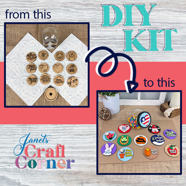 Promotional image for the Candy Jar Interchangeable Set by Janet's Craft Corner. The top left features wood slices with outlined designs, ideal for creating unique home décor pieces. The bottom right highlights vibrant, painted tokens featuring designs such as a pumpkin and a bunny. Text: "From this to this.