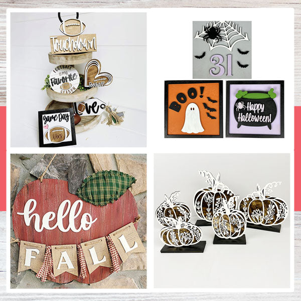 A collage of autumn-themed decorations: a wooden stack with "touchdown" and pumpkins, Halloween frames with ghosts and bats, a "hello fall" apple sign, and decorative pumpkins with cut-out designs.