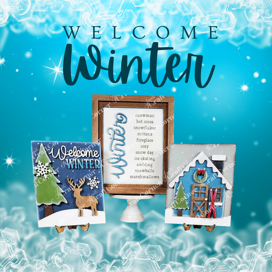 Janet's Craft Corner offers a charming DIY Winter Cabin Interchangeable Farmhouse Sign, perfect for cozy winter nights. This kit features three themed designs: a tree and deer with "Welcome Winter," wooden words, and a snow-covered gingerbread house—all in an icy border backdrop.