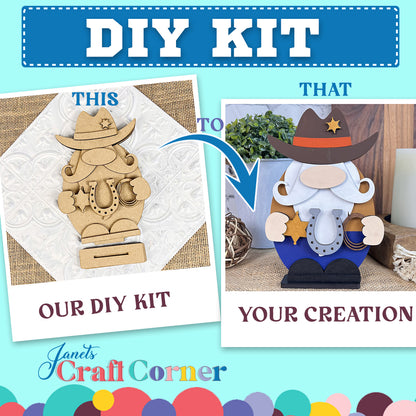 A split image shows Janet's Craft Corner's "Cowboy Gnome Shelf Sitter" DIY Kit with unpainted wooden gnomes on the left, and the finished, vividly painted piece labeled "Your Creation" on the right. An arrow showcases how this charming craft kit transforms into unique home décor.