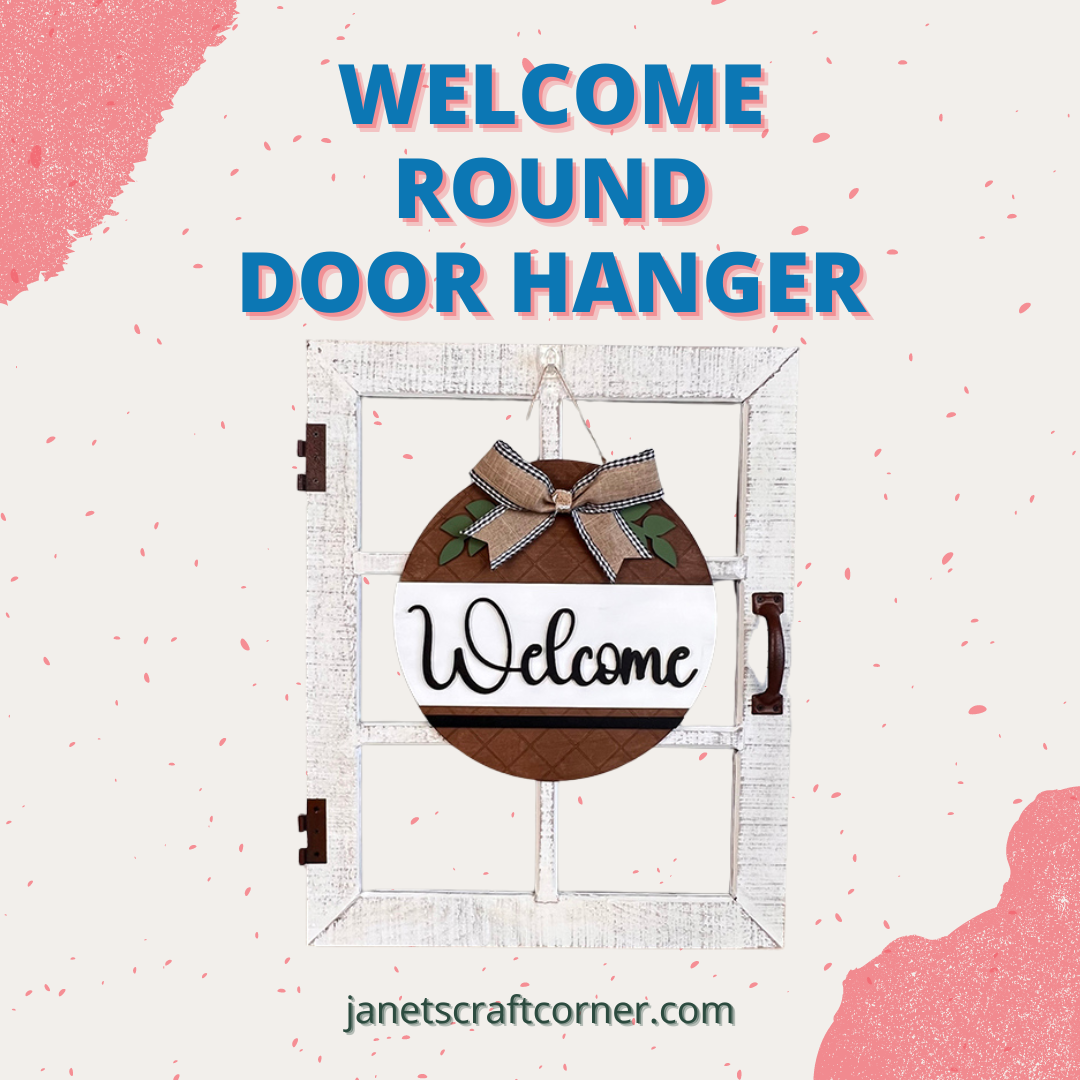 Discover a charming Rustic Farmhouse Welcome Round Door Hanger from Janet's Craft Corner, featuring "Welcome" in black script on white with a brown quilted pattern, a green and brown plaid bow, and a speckled backdrop. Explore more at janetscraftcorner.com.