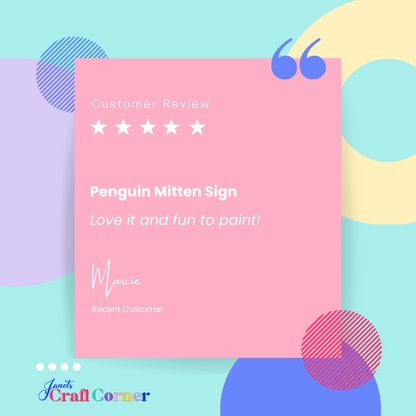 On a vibrant, circle-adorned backdrop, a five-star customer review from Marcie praises the "Penguin Mitten Sign Wall Hanger - DIY seasonal home decor craft kit - Set of 1." She writes, "Love it and fun to paint!" The review is branded with Janet's Craft Corner.