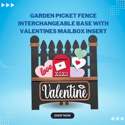 Janet's Craft Corner offers a DIY interchangeable garden fence kit, featuring a picket fence base and Valentine's insert. Customize with heart inserts, red mailbox details like "love," "xoxo," "be mine," and a plaque saying "Valentine." Click the button below to shop now.