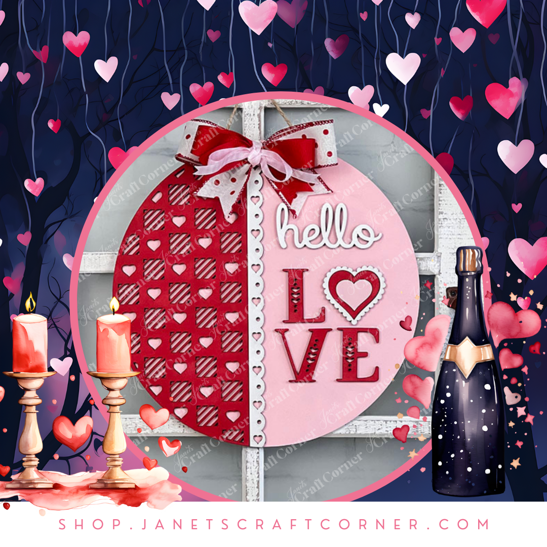 Discover Janet's Craft Corner "Hello Love" DIY kit—a romantic round sign featuring hearts, a bottle with glasses, and candles under a starry sky. Ideal for seasonal home decor. Visit shop.janetscraftcorner.com for more.