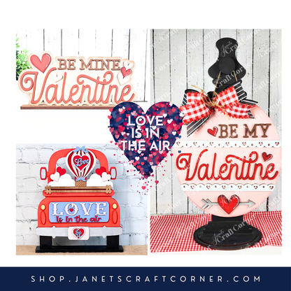 Explore Janet's Craft Corner for Valentine crafts, featuring a "Be Mine Valentine" word art shelf sitter DIY kit, along with truck decor and dress form designs with heart motifs. Perfect for unique seasonal home décor at shop.janetscraftcorner.com.