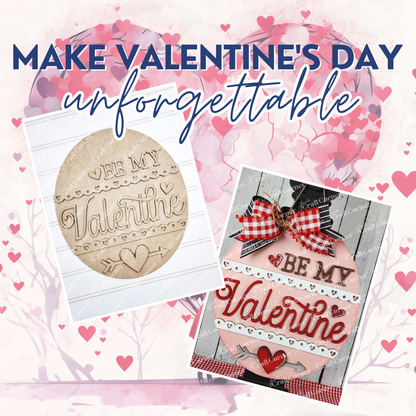 Two cookies for Valentine's Day, one plain with hearts and another with red icing and bows, set against pink heart patterns. Text reads: "Make Valentine's Day unforgettable with Janet's Craft Corner's 'Be My Valentine Door Hanger' DIY craft kit.