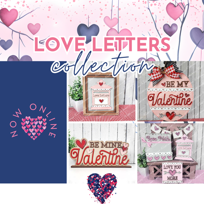 A promotional image for Janet's Craft Corner's "Love Letters Mailbox Interchangeable Farmhouse Sign - DIY seasonal home decor craft kit" highlights Valentine-themed decor with signs saying "Be My Valentine," adorned with pink and purple hearts, perfect for a DIY project or interchangeable sign endeavor.