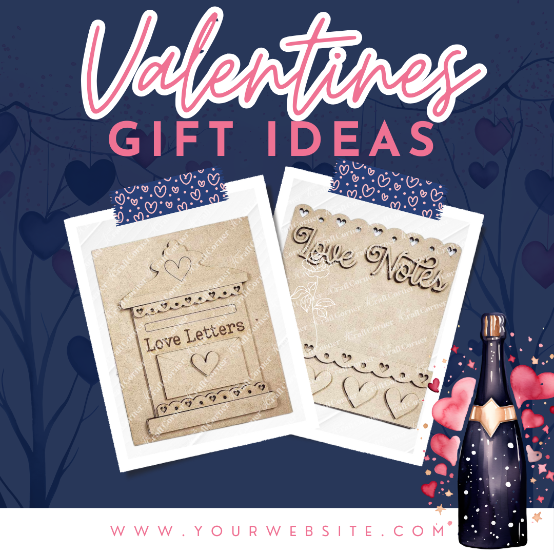 Graphic showcasing Valentine's gift ideas with sketch-style images of Janet's Craft Corner’s Love Letters Mailbox Interchangeable Farmhouse Sign DIY craft kit, adorned with hearts. A bottle with heart bubbles is on the right against a dark, heart-patterned background. Website name below.