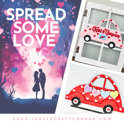 The Cupid Volkswagen Door/Wall Hanger from Janet's Craft Corner features a romantic couple under heart-shaped balloons and heart-decorated cars. "Spread Some Love" in bold white text adds charm, making it ideal for your DIY project. Explore more at shop.janetscraftcorner.com.