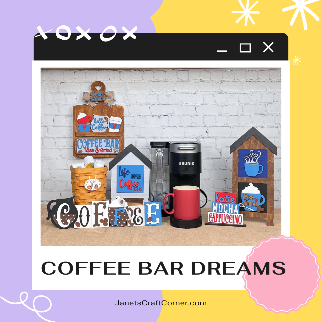 Create your own cozy coffee spot with Coffee Squares from Janet's Craft Corner—perfect for small spaces and seasonal DIY decor. Bring "COFFEE BAR DREAMS" to life right on your counter!.