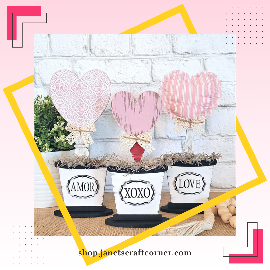 Bucket Heart Trio Shelf Sitters - DIY seasonal home decor craft kit - Set of 3