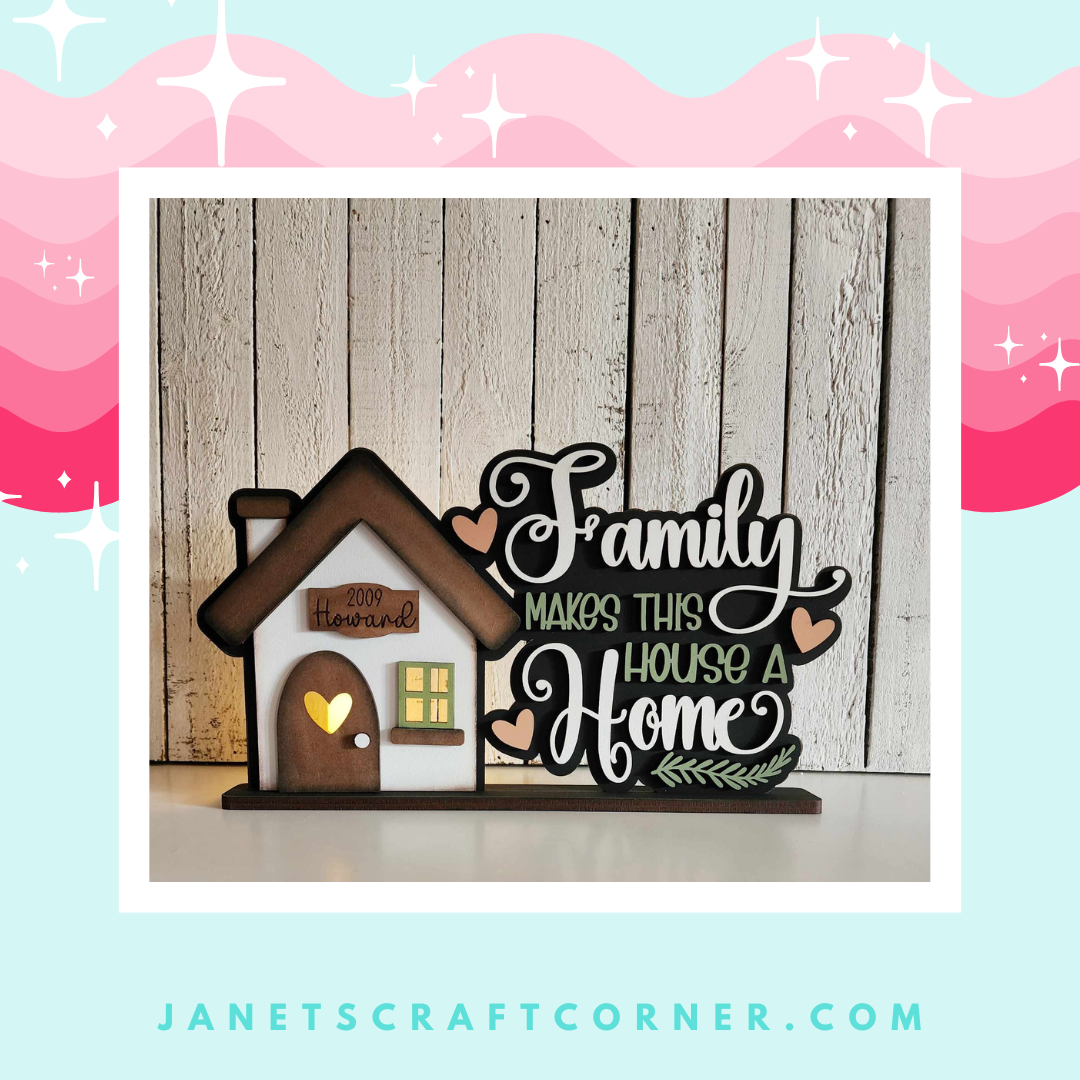 Check out Janet's Craft Corner for the Family Home Word Art Votive Holder Shelf Sitter DIY kit. This decorative set features a wooden sign with a small house, heart, and word art saying "Family makes this house a Home." Great inspiration for more home decor ideas at janetscraftcorner.com.