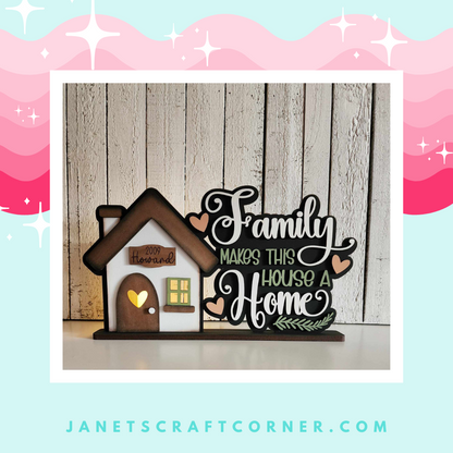 Check out Janet's Craft Corner for the Family Home Word Art Votive Holder Shelf Sitter DIY kit. This decorative set features a wooden sign with a small house, heart, and word art saying "Family makes this house a Home." Great inspiration for more home decor ideas at janetscraftcorner.com.