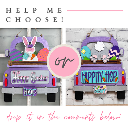 Janet's Craft Corner offers an Antique Truck Interchangeable Base with a DIY decor kit, featuring designs "Happy Easter Hop" and "Hippity Hop Easter" showcasing a purple truck, bunny faces, backs, and eggs against a white brick wall. Which design should I choose? Share your thoughts below!.