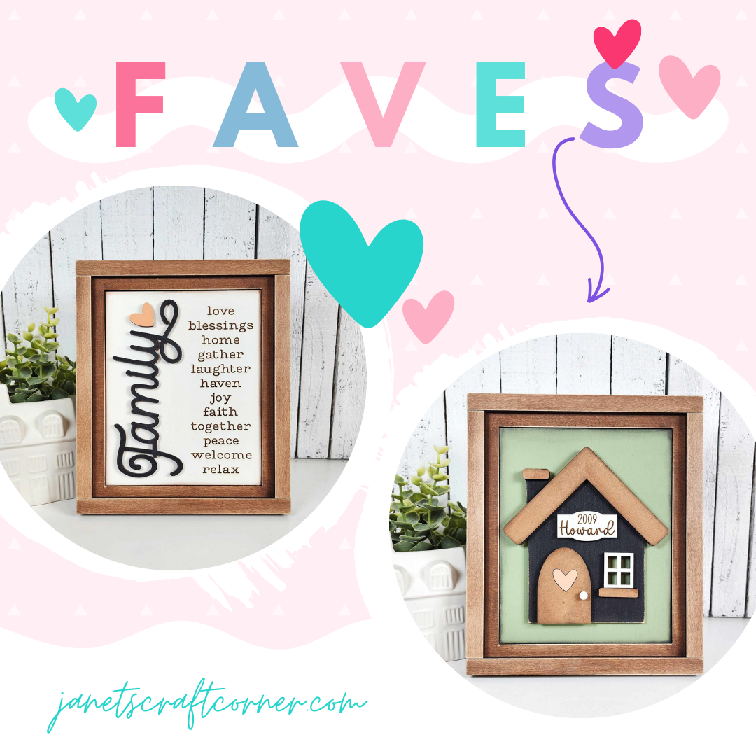 Two framed designs on pastel backgrounds: Left, a list of positive words under "Family" in cursive; Right, a wooden farmhouse sign cut-out with "2009." Includes "FAVES," hearts, and janetscraftcorner.com. Ideal as DIY home decor or craft kit by Janet's Craft Corner.