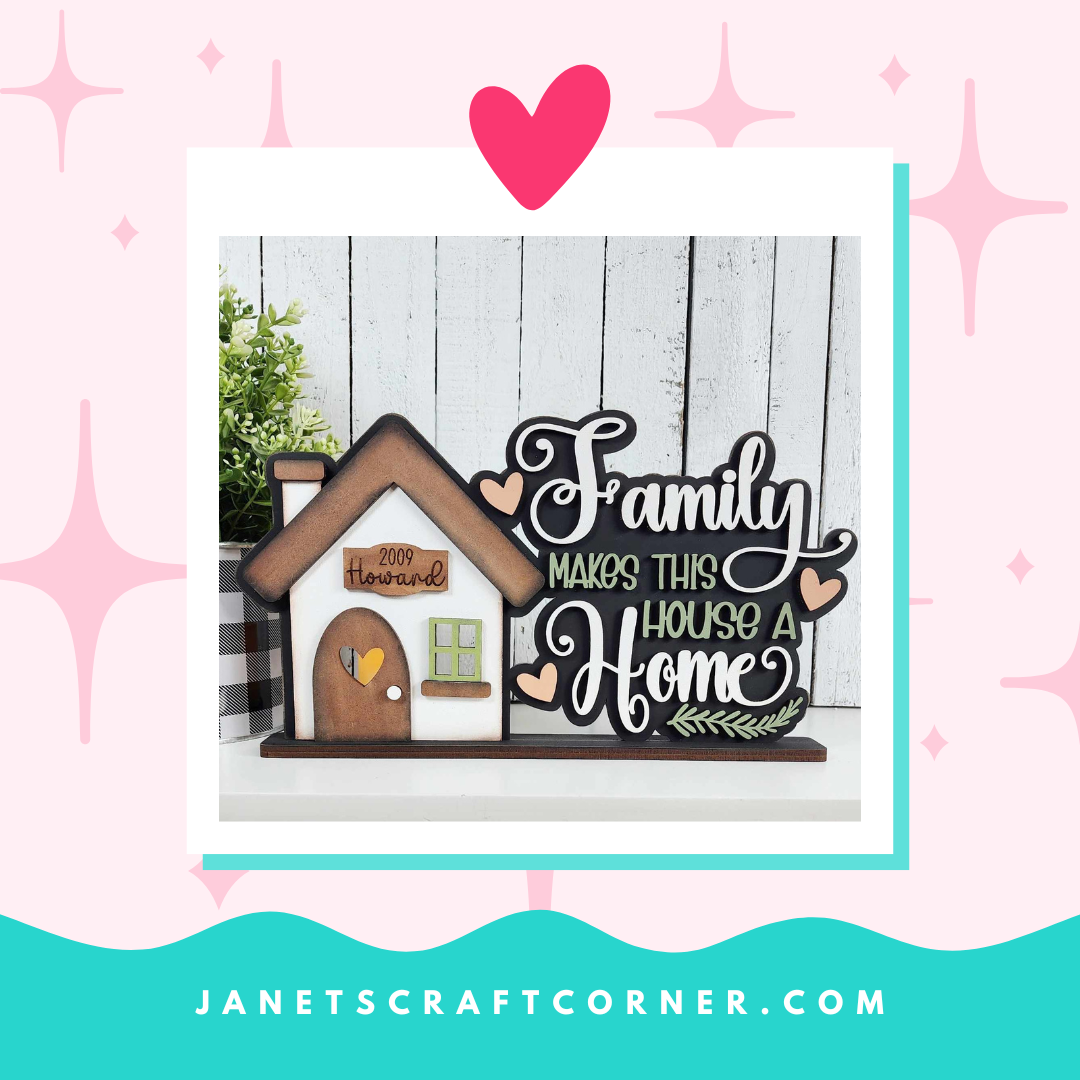 Discover the Family Home Word Art Votive Holder from Janet's Craft Corner. This DIY craft kit features charming house-shaped decor with "Family makes this house a home," hearts, sparkles, and a plant on a pastel pink backdrop. Explore more at janetscraftcorner.com.