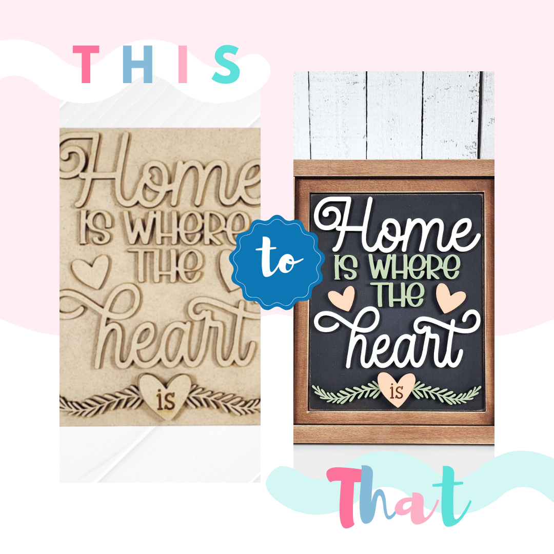 Split image of two rustic wall art pieces by Janet's Craft Corner. Left: Wooden plaque with "Home is where the heart is." Right: Framed chalkboard-style sign resembling a farmhouse look, part of the Home Heart Interchangeable Farmhouse Sign DIY craft kit. Both have heart motifs with "THIS" and "THAT.