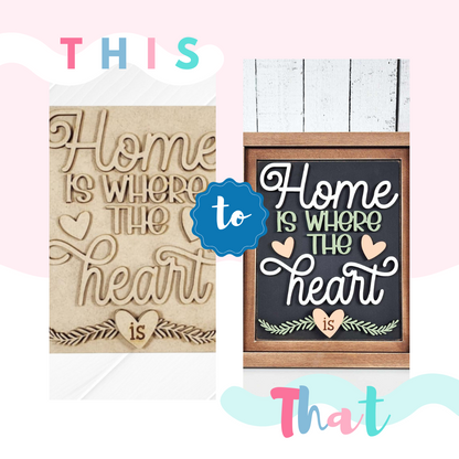 Split image of two rustic wall art pieces by Janet's Craft Corner. Left: Wooden plaque with "Home is where the heart is." Right: Framed chalkboard-style sign resembling a farmhouse look, part of the Home Heart Interchangeable Farmhouse Sign DIY craft kit. Both have heart motifs with "THIS" and "THAT.