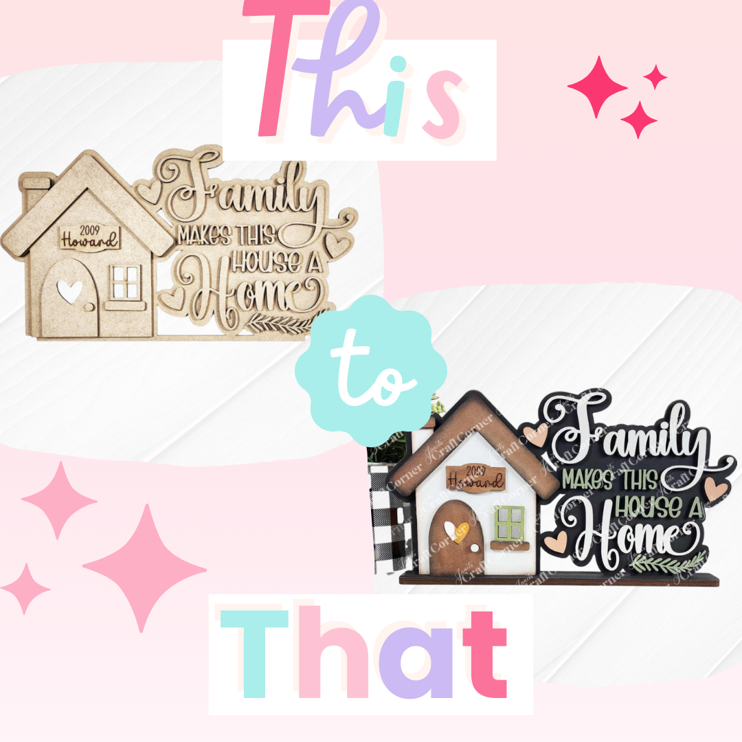 Create charming home decor with Janet's Craft Corner's "Family Home Word Art Votive Holder Shelf Sitter." Featuring "Howard" above the door on a brown house, its black-and-white counterpart balances beautifully on the pink and white background in this DIY craft kit.