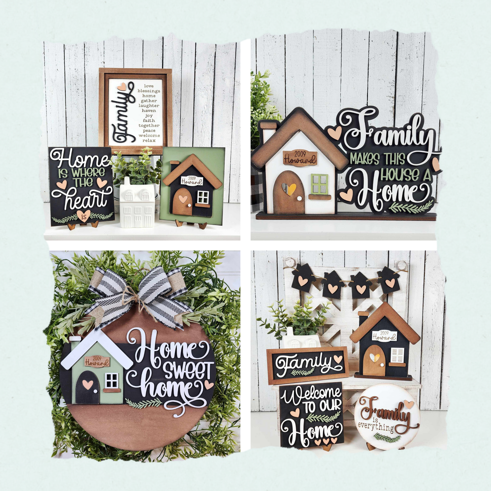 Janet's Craft Corner offers the "Family Home Word Art Votive Holder Shelf Sitter" DIY home decor kit featuring phrases like "Family makes this house a home" on rustic white wood. Complete with houses, hearts, and greenery in black, white, and wood tones. Perfect for decorative projects.