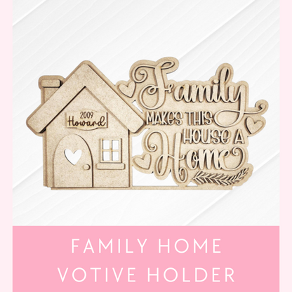 Explore the Family Home Word Art Votive Holder from Janet's Craft Corner, shaped like a house with "Family makes this house a home" and "2009 Howard." Featuring heart and leaf designs, this decor includes a pink "Family Home" banner. Available as a DIY home decor craft kit, set of 1.