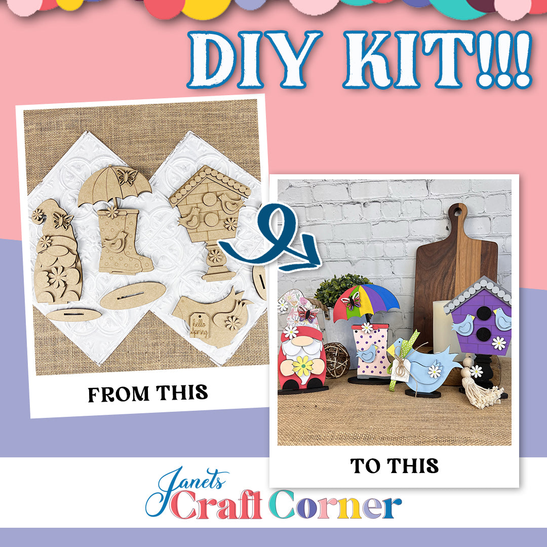 Two images highlight the transformation with Janet's Craft Corner's "Spring Mini Shelf Sitters" DIY Kit: unassembled wood on white fabric turns into vivid, painted spring decorations for gnome fans. Text reads "DIY KIT!!! From This To Spring Standing Signs.