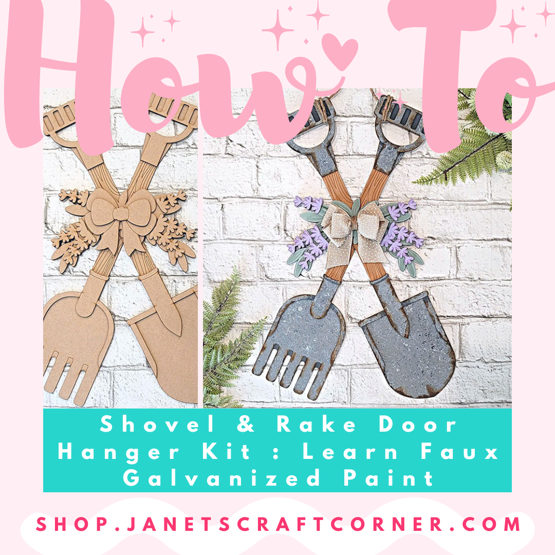 Two images of the Shovel and Rake Door Hanger kit from Janet's Craft Corner show painted and unpainted versions, each crossed with bows and flowers. Perfect for a DIY project, "How To" is at the top, and "shop.janetscraftcorner.com" appears below.