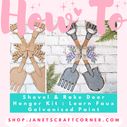 Two images of the Shovel and Rake Door Hanger kit from Janet's Craft Corner show painted and unpainted versions, each crossed with bows and flowers. Perfect for a DIY project, "How To" is at the top, and "shop.janetscraftcorner.com" appears below.