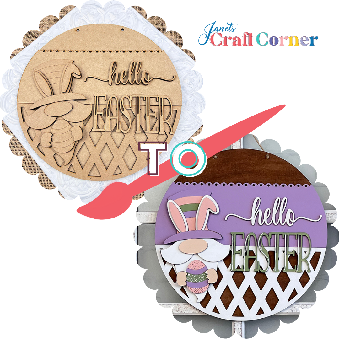 Two circular wooden signs with scalloped edges are featured. The top is unpainted, and the bottom sign from Janet's Craft Corner's Hello Easter Gnome Wall Hanger DIY Kit is painted with pastel hues. A red arrow connects them, forming a beautiful spring decor piece for your wall.