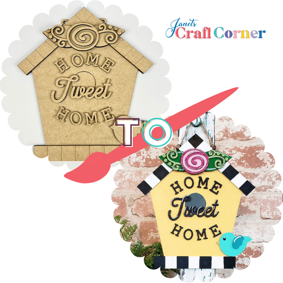 Explore the Home Tweet Home Birdhouse Hanger by Janet's Craft Corner: a wooden cutout with "Home Tweet Home" text beside a painted birdhouse with the same text, a pink swirl, and a blue bird on brick. Dive into more DIY Birdhouse Kits for an impeccable home décor accent.