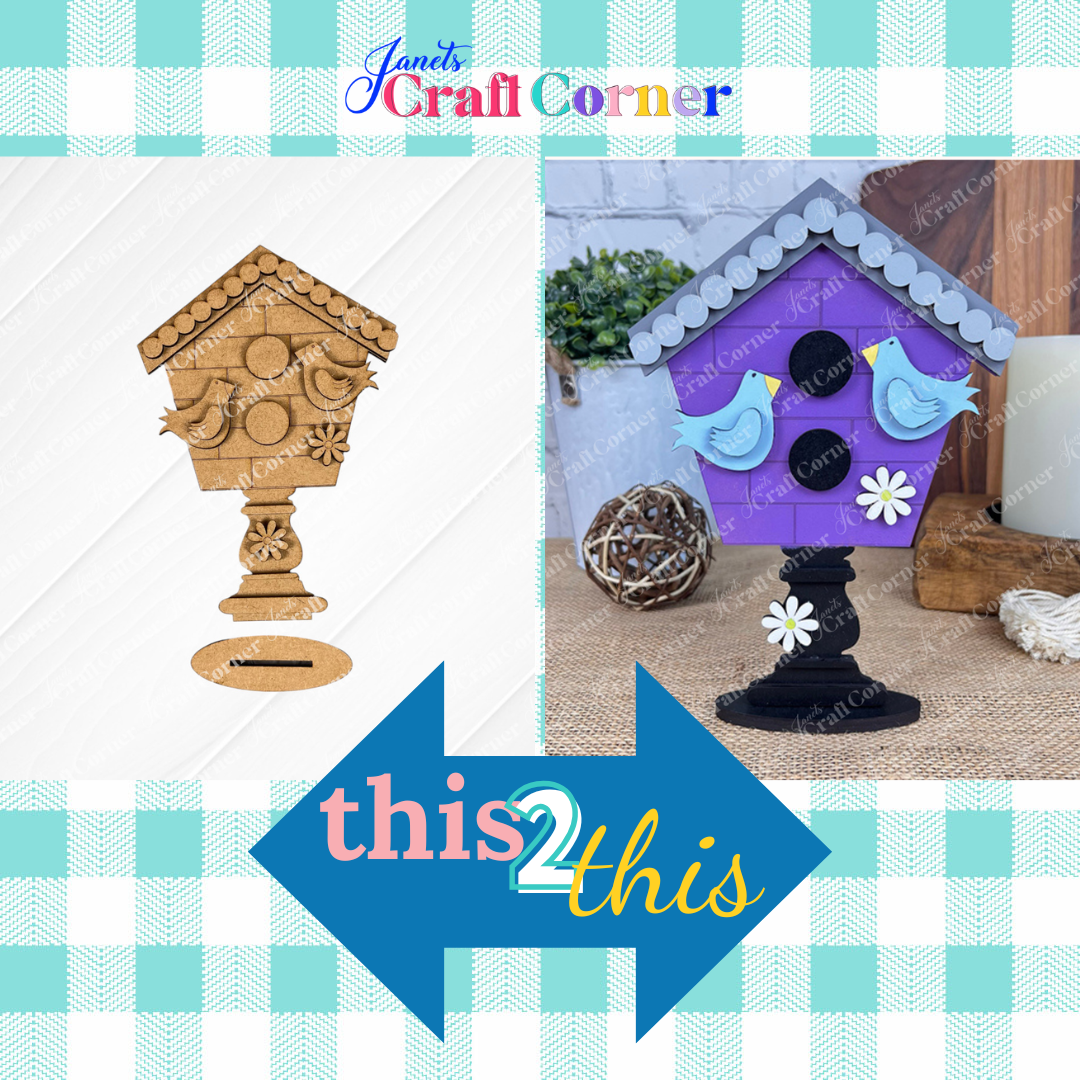 Split image showing two birdhouse designs. Left: Unpainted wooden from Janet's Craft Corner, ideal for DIY Kit lovers. Right: Painted version—purple roof, blue birds, white flower, black stand. Blue arrow labeled "this 2 this" in center; plaid background appeals to gnome enthusiasts.