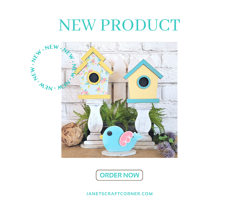 Discover our Spindle Birdhouses Shelf Sitter kit by Janet's Craft Corner, featuring two birdhouses—one floral and one yellow—as well as a blue bird figurine. Ideal for shelf decor. Visit janetscraftcorner.com to explore this NEW PRODUCT and ORDER NOW.