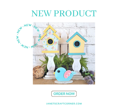 Discover our Spindle Birdhouses Shelf Sitter kit by Janet's Craft Corner, featuring two birdhouses—one floral and one yellow—as well as a blue bird figurine. Ideal for shelf decor. Visit janetscraftcorner.com to explore this NEW PRODUCT and ORDER NOW.