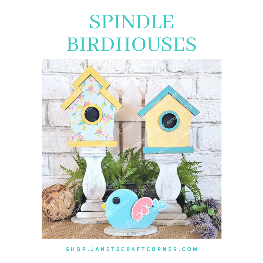 Discover our Spindle Birdhouses Shelf Sitter kit by Janet's Craft Corner, featuring two birdhouses—one floral and one yellow—as well as a blue bird figurine. Ideal for shelf decor. Visit shop.janetscraftcorner.com to explore this product and order now.