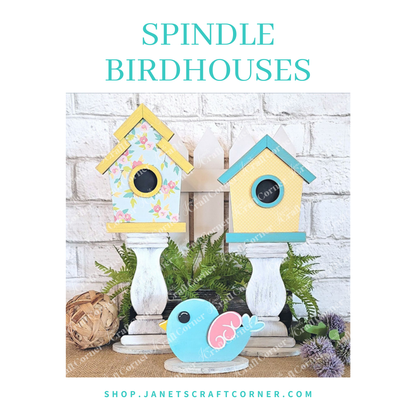 Discover our Spindle Birdhouses Shelf Sitter kit by Janet's Craft Corner, featuring two birdhouses—one floral and one yellow—as well as a blue bird figurine. Ideal for shelf decor. Visit shop.janetscraftcorner.com to explore this product and order now.