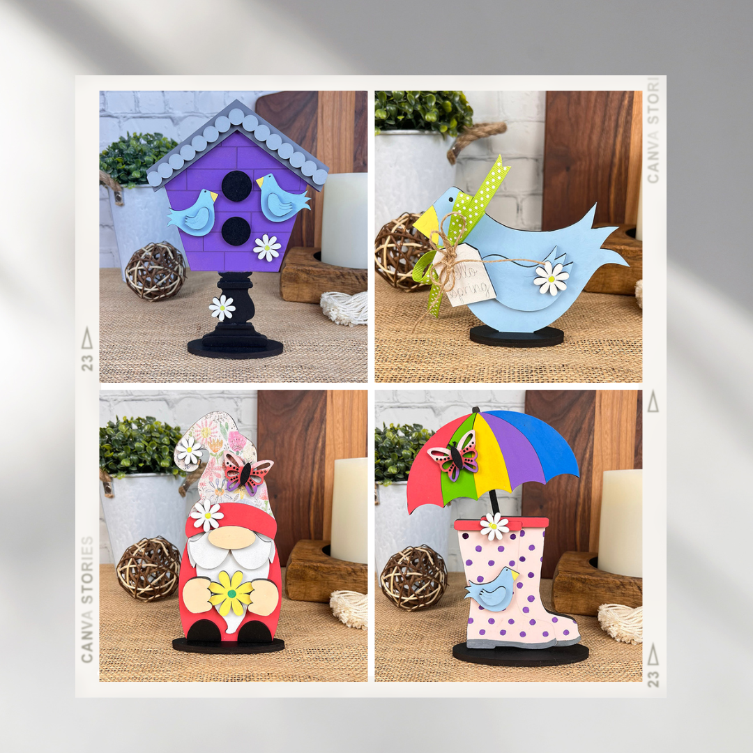 From Janet's Craft Corner, the Spring Mini Shelf Sitters DIY kit includes four charming pieces: a purple birdhouse, a blue polka dot ribbon bird, a flower-adorned gnome for gnome lovers, and a blue rain boot with an umbrella—all perfect as rustic spring decorative accents.