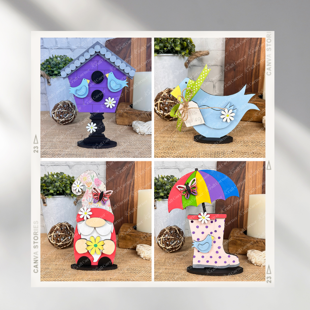 From Janet's Craft Corner, the Spring Mini Shelf Sitters DIY kit includes four charming pieces: a purple birdhouse, a blue bird with a green polka dot ribbon, a flower-adorned gnome for gnome lovers, and a pink rain boot with an umbrella—all perfect as rustic spring decorative accents.