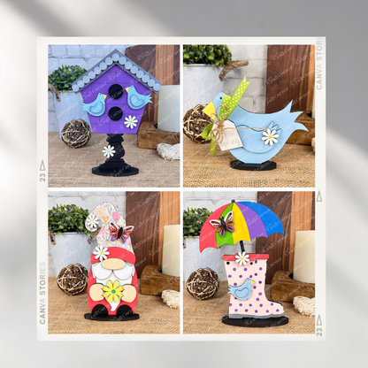From Janet's Craft Corner, the Spring Mini Shelf Sitters DIY kit includes four charming pieces: a purple birdhouse, a blue bird with a green polka dot ribbon, a flower-adorned gnome for gnome lovers, and a pink rain boot with an umbrella—all perfect as rustic spring decorative accents.