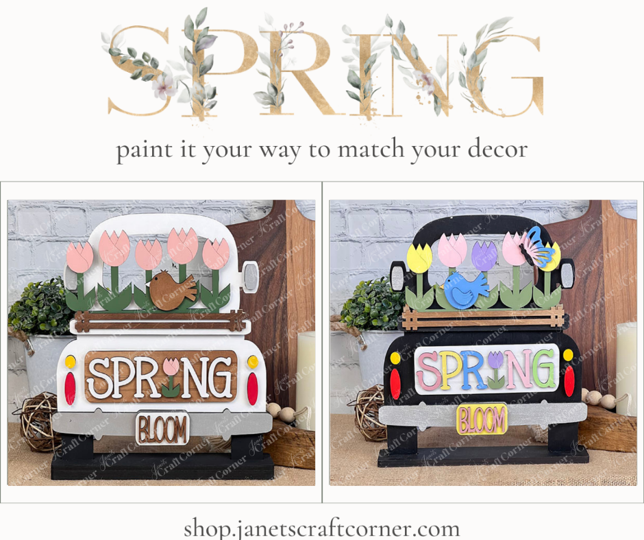 Janet's Craft Corner offers a DIY home decor kit called the Spring Tulips Interchangeable Insert, featuring two designs with a decorative truck carrying flowers and the words "SPRING BLOOM." One design showcases a white background with pastel shades, while the other has a darker backdrop accentuated by vibrant colors. This hand-painted craft kit includes interchangeable inserts that seamlessly blend with your home's decor.