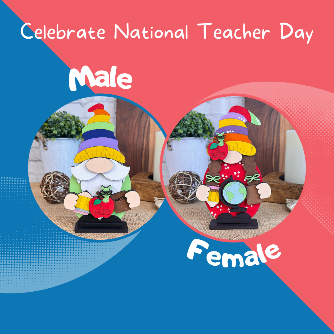 Janet's Craft Corner presents the Girl Teacher Gnome Shelf Sitter, a charming DIY home decor craft kit. The gnome holds a globe under "Celebrate National Teacher Day" text on a blue-red split background, adding delight to any room. Perfect for celebrating teachers and enhancing your décor!.